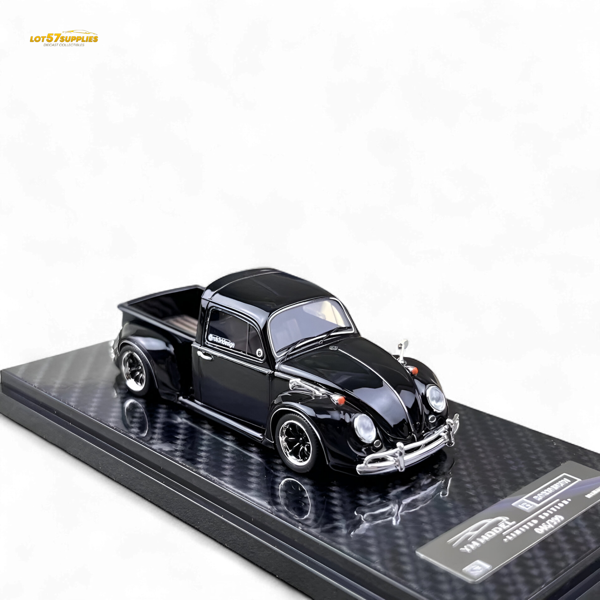 Black YM Model Volkswagen Beetle pickup truck diecast toy, 1:64 scale, detailed miniature vehicle from Lot57Supplies Diecast Shop.