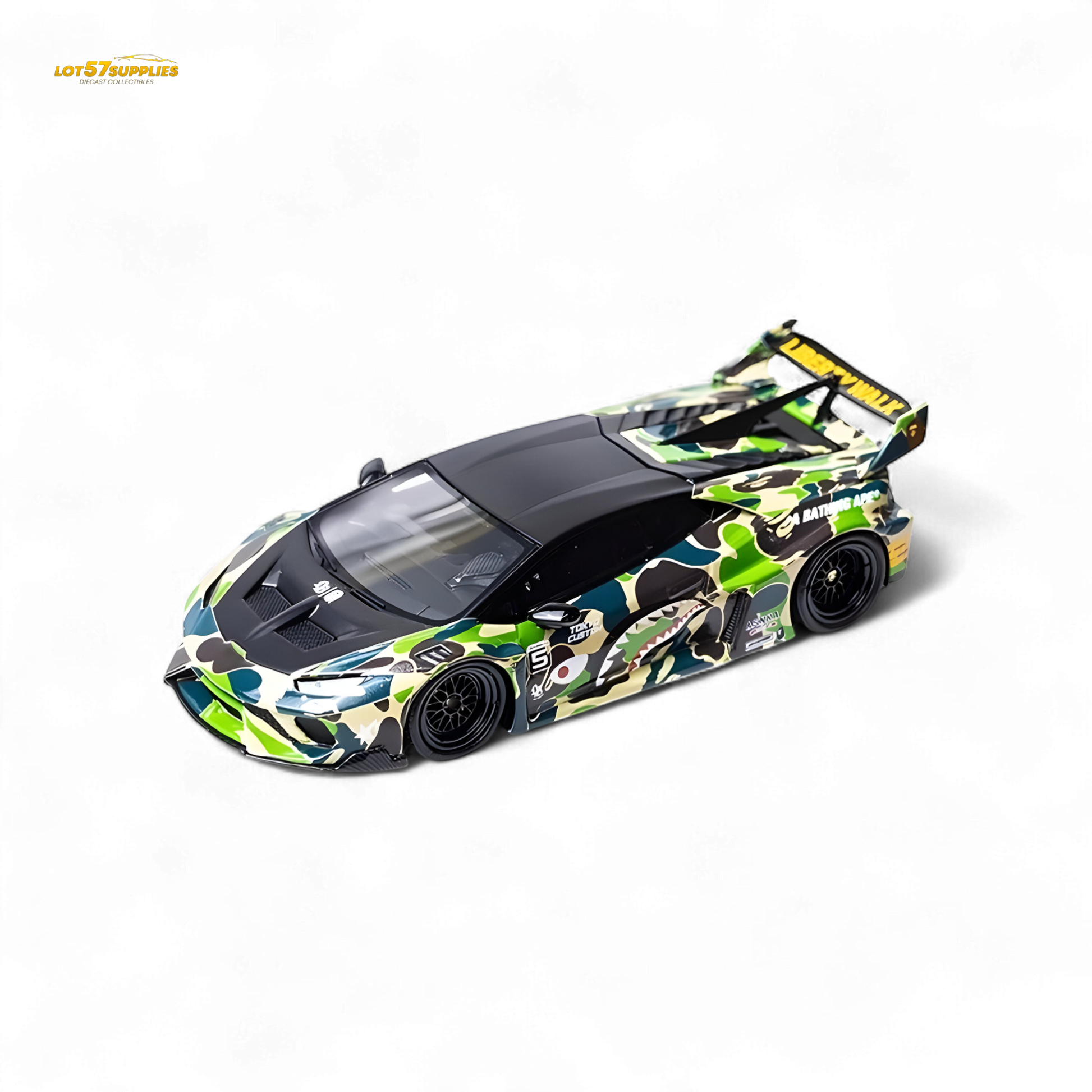 Lamborghini Huracan LP610-4 diecast model in wide body camouflage by Lot57Supplies, detailed 1:64 scale car with sporty design.