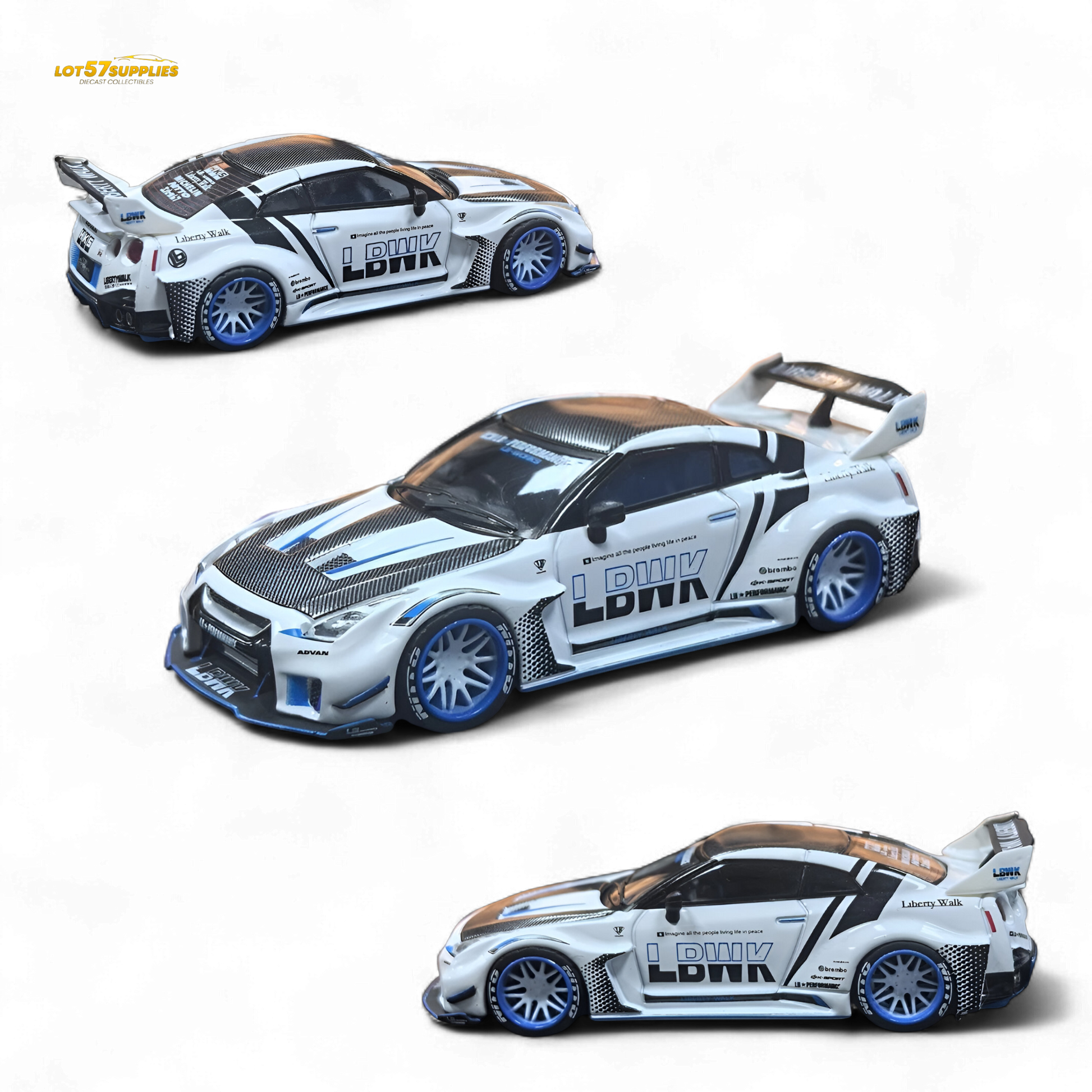 White and blue striped Nissan GTR R35 diecast model with carbon roof, 1:64 scale by Lot57Supplies Diecast Shop.