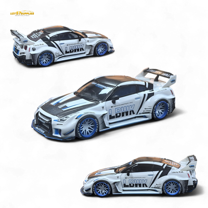 White and blue striped Nissan GTR R35 diecast model with carbon roof, 1:64 scale by Lot57Supplies Diecast Shop.