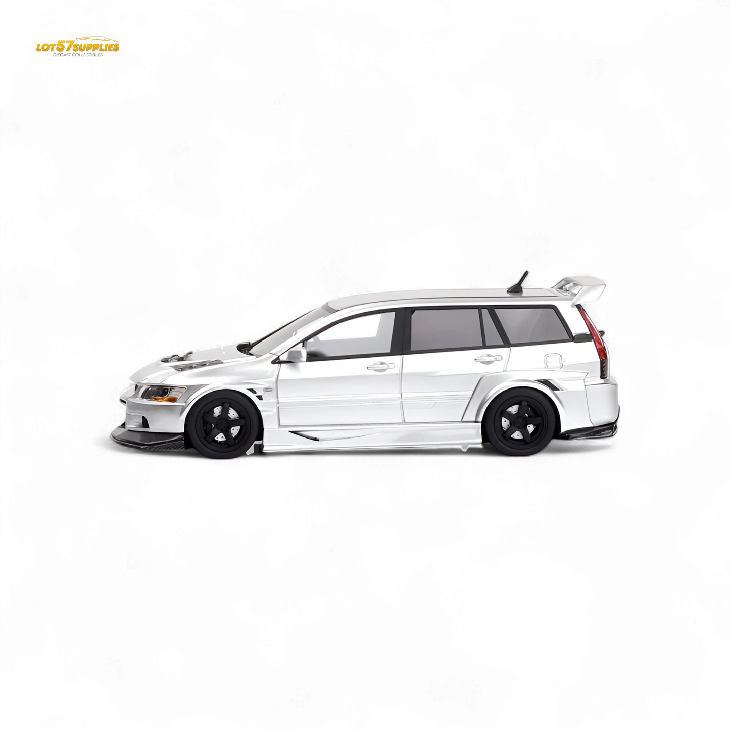 Glossy silver Mitsubishi Lancer EVO 9 Wagon diecast model in 1:64 scale, detailed miniature by Lot57Supplies Diecast Shop.