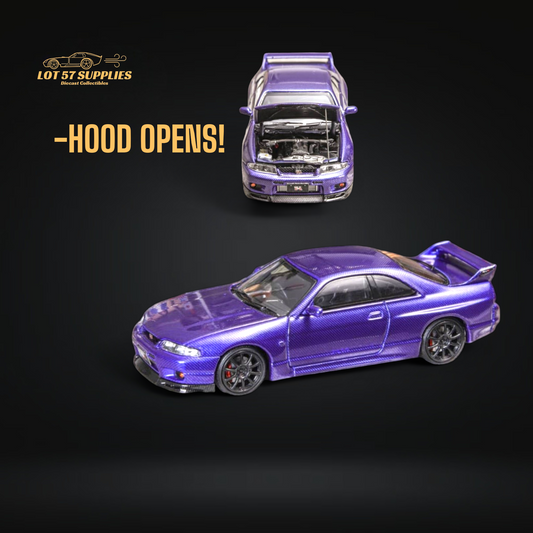 Purple Focal Horizon Nissan Skyline R33 diecast model in 1:64 scale, detailed Nissan car by Lot57Supplies Diecast Shop.