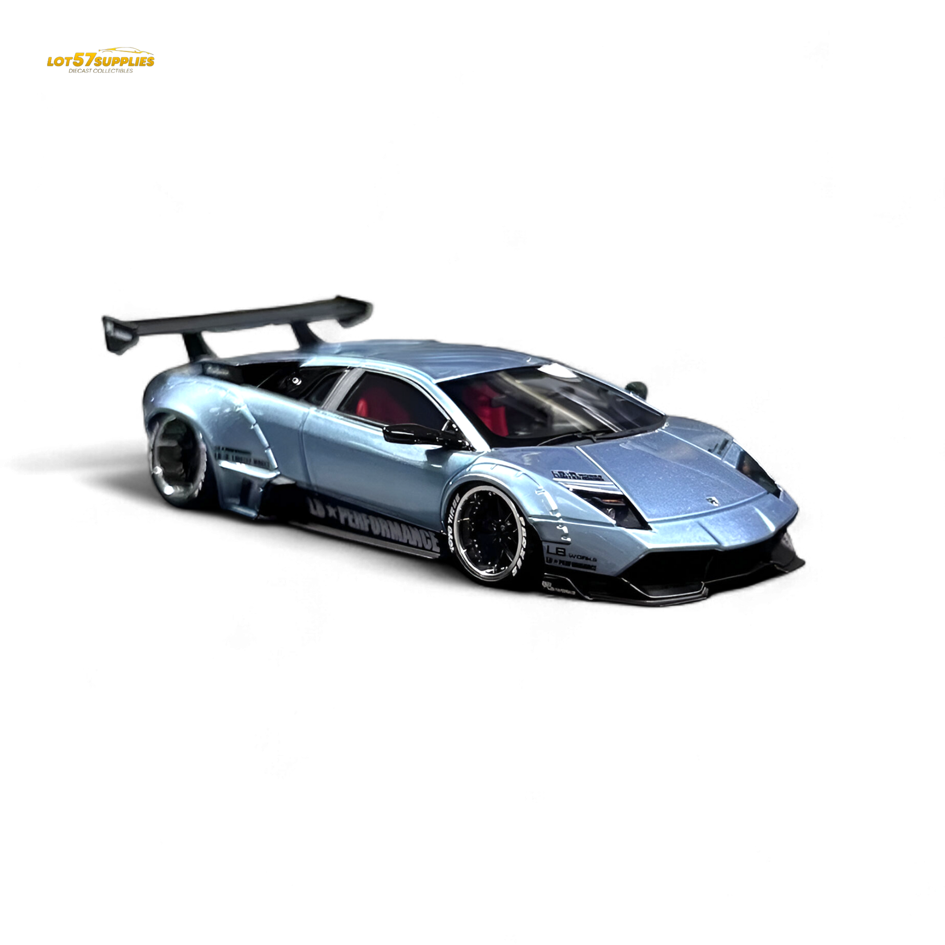 Lamborghini Murcielago LBWK 1:64 diecast model in ice blue, detailed miniature car, showcasing sleek Lamborghini design.