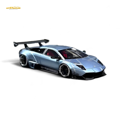 Lamborghini Murcielago LBWK 1:64 diecast model in ice blue, detailed miniature car, showcasing sleek Lamborghini design.