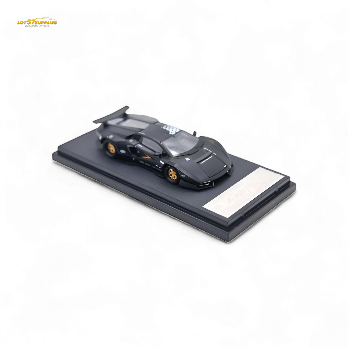 Black Lamborghini TimeMicro Countach 1:64 diecast model from Lot57Supplies Diecast Shop, detailed miniature car with realistic features.