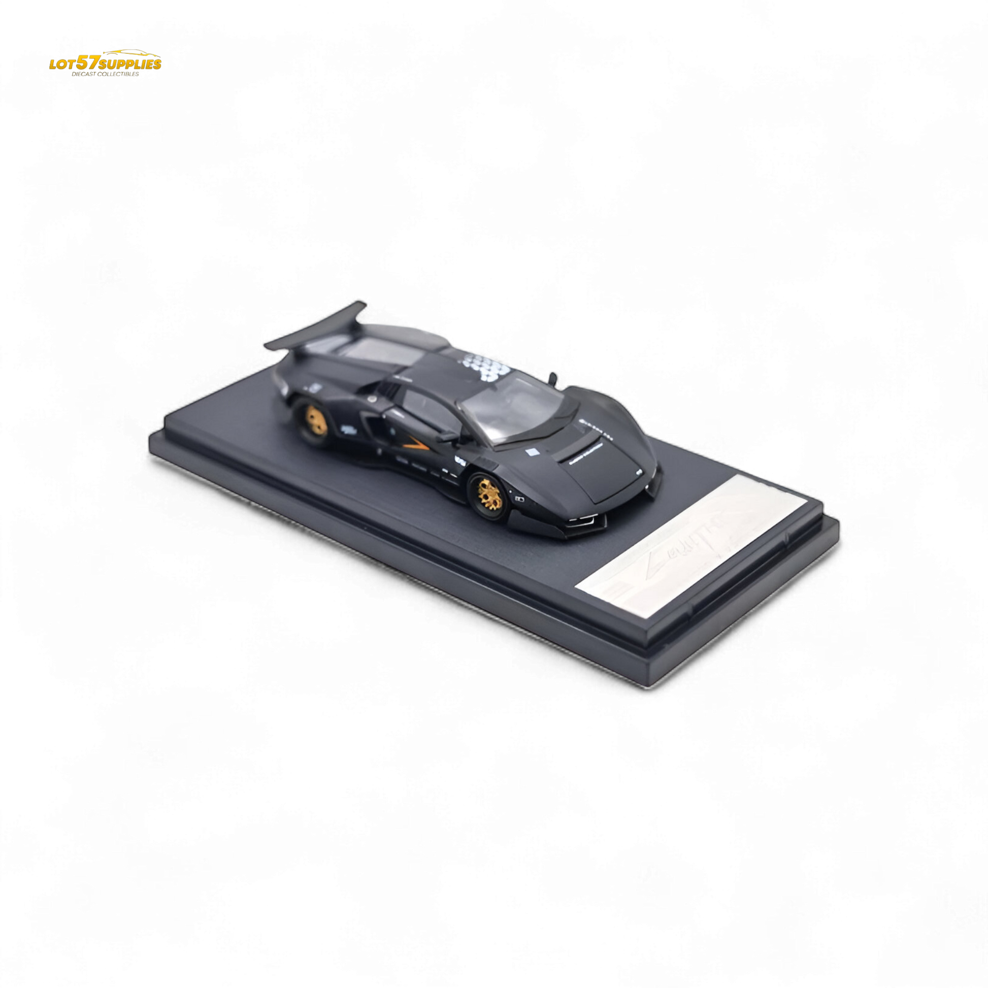 Black Lamborghini TimeMicro Countach 1:64 diecast model from Lot57Supplies Diecast Shop, detailed miniature car with realistic features.