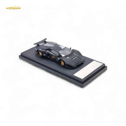 Black Lamborghini TimeMicro Countach 1:64 diecast model from Lot57Supplies Diecast Shop, detailed miniature car with realistic features.