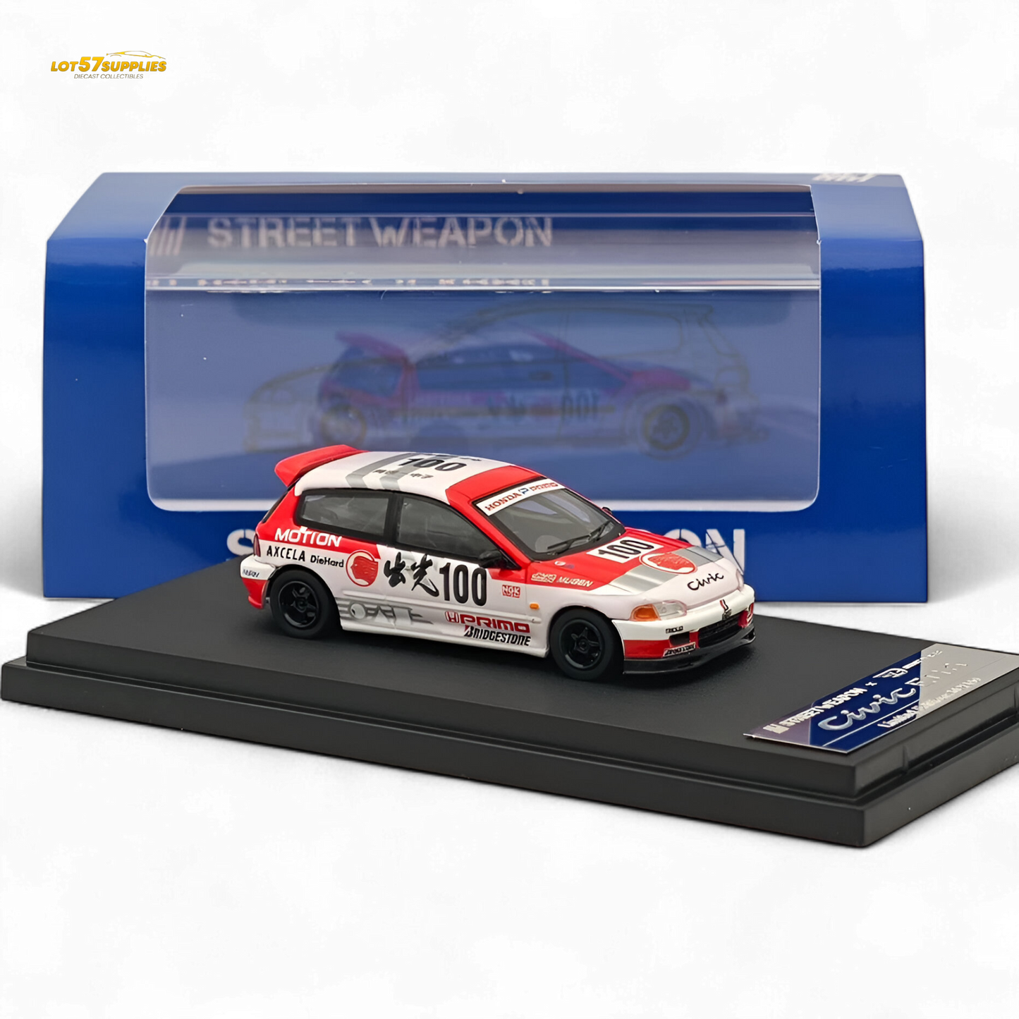 Diecast Honda Civic EG6 Street Weapon model by Lot57Supplies, featuring Idemitsu Street Edition design in 1:64 scale.