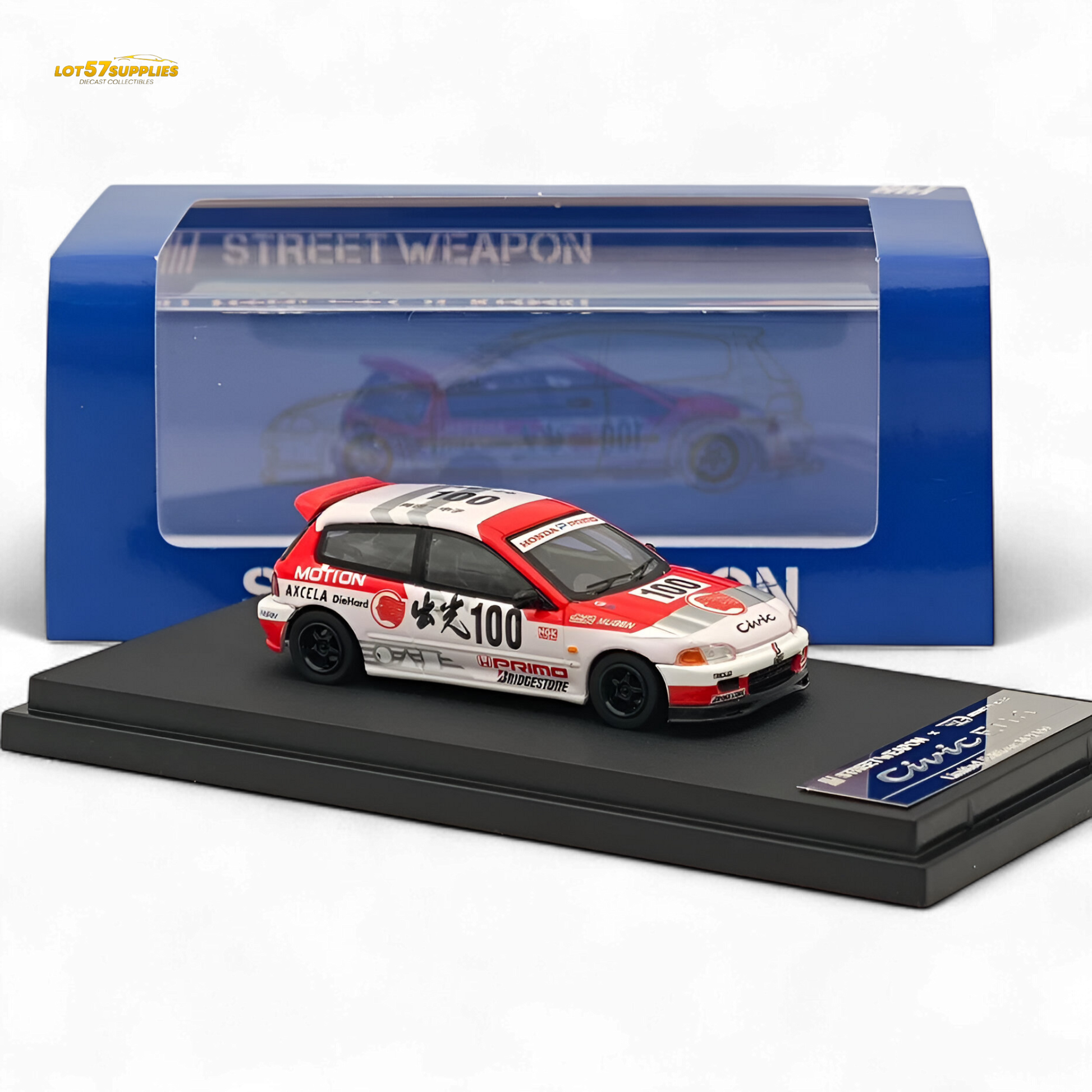 Diecast Honda Civic EG6 Street Weapon model by Lot57Supplies, featuring Idemitsu Street Edition design in 1:64 scale.