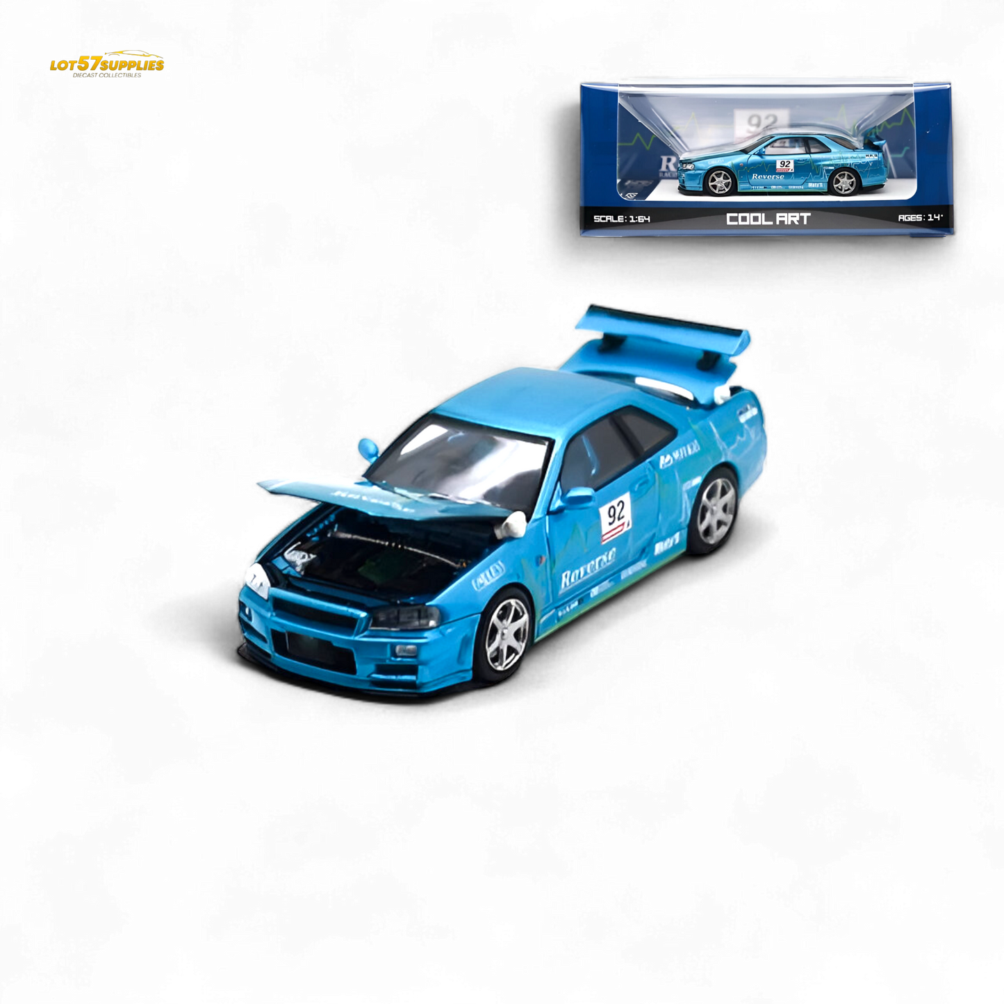 Blue Nissan Skyline R34 diecast model car #92 by Lot57Supplies Diecast Shop, detailed 1:64 scale collectible vehicle image.
