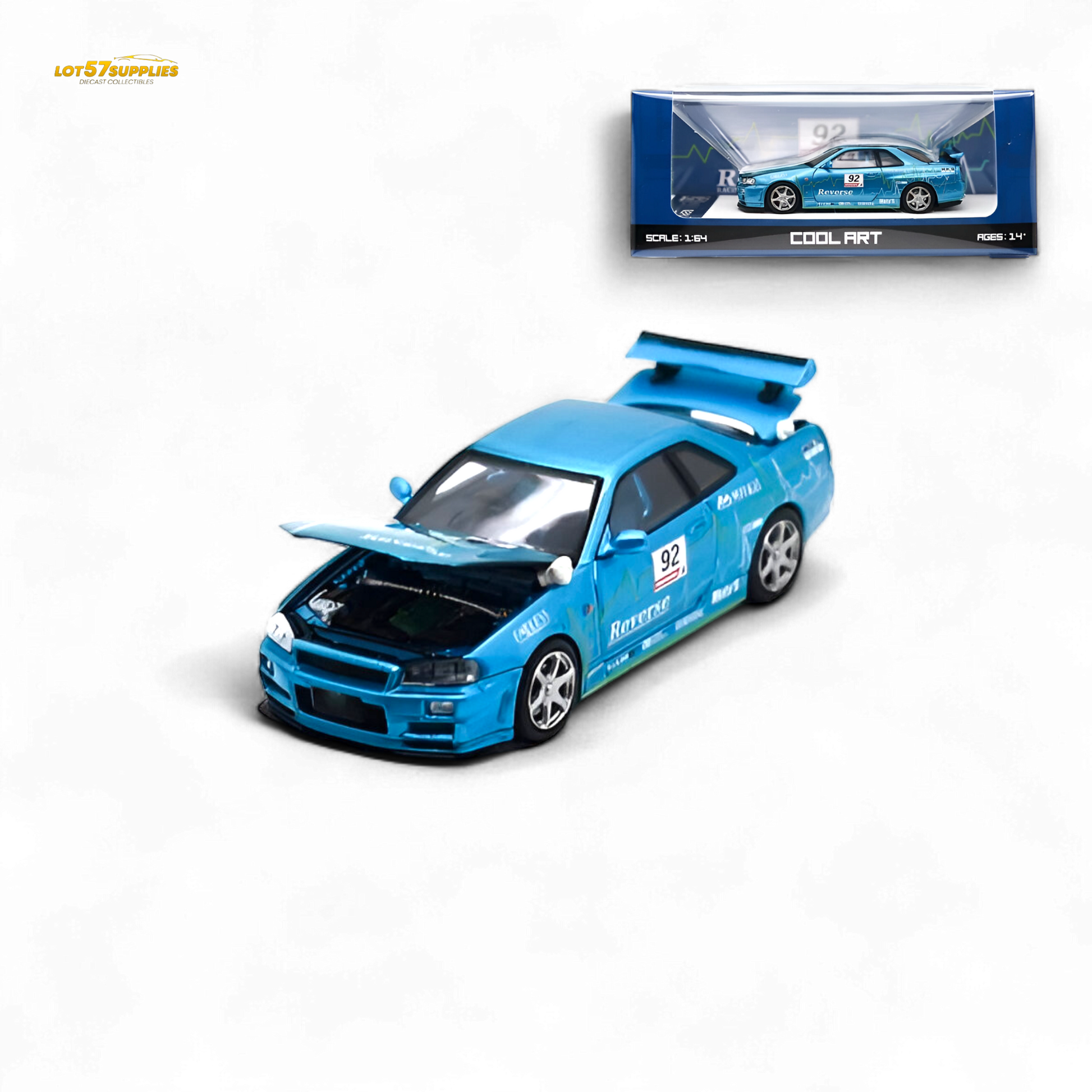 Blue Nissan Skyline R34 diecast model car #92 by Lot57Supplies Diecast Shop, detailed 1:64 scale collectible vehicle image.