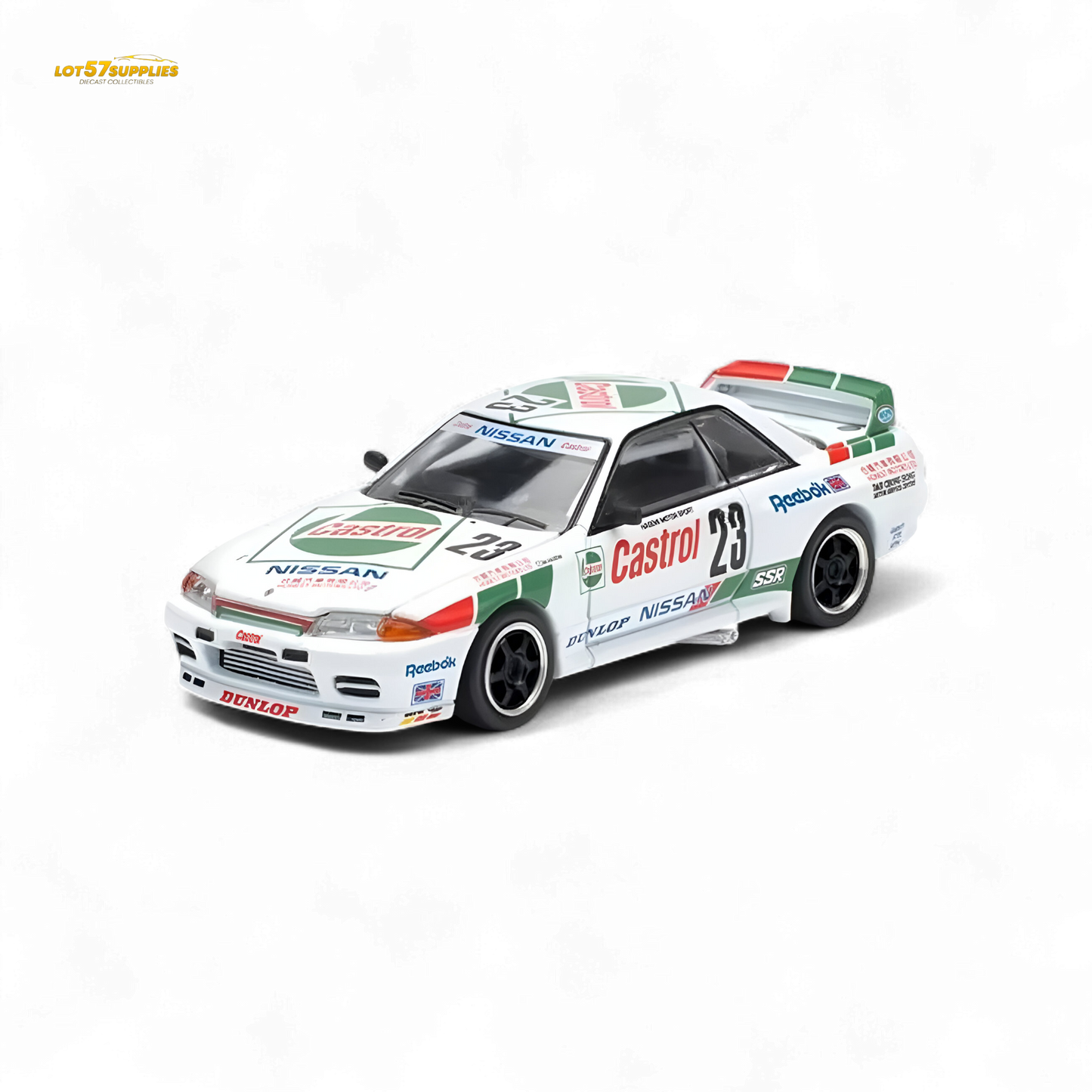 White 1:64 scale Nissan Poprace GT-R R32 Macau Guia Race 1990 winner diecast model car on display
