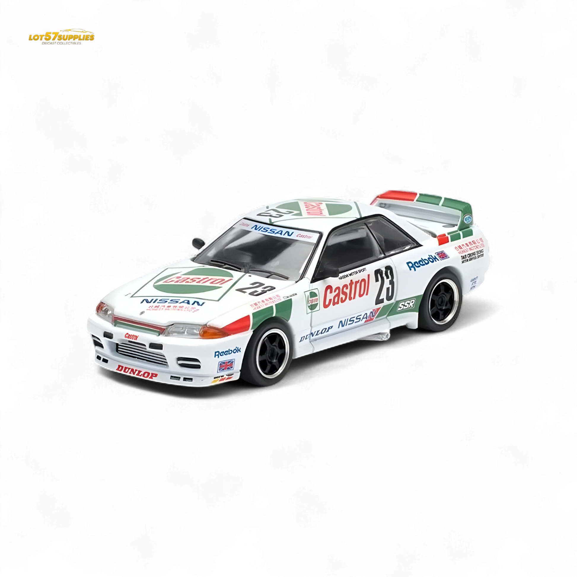 White 1:64 scale Nissan Poprace GT-R R32 Macau Guia Race 1990 winner diecast model car on display