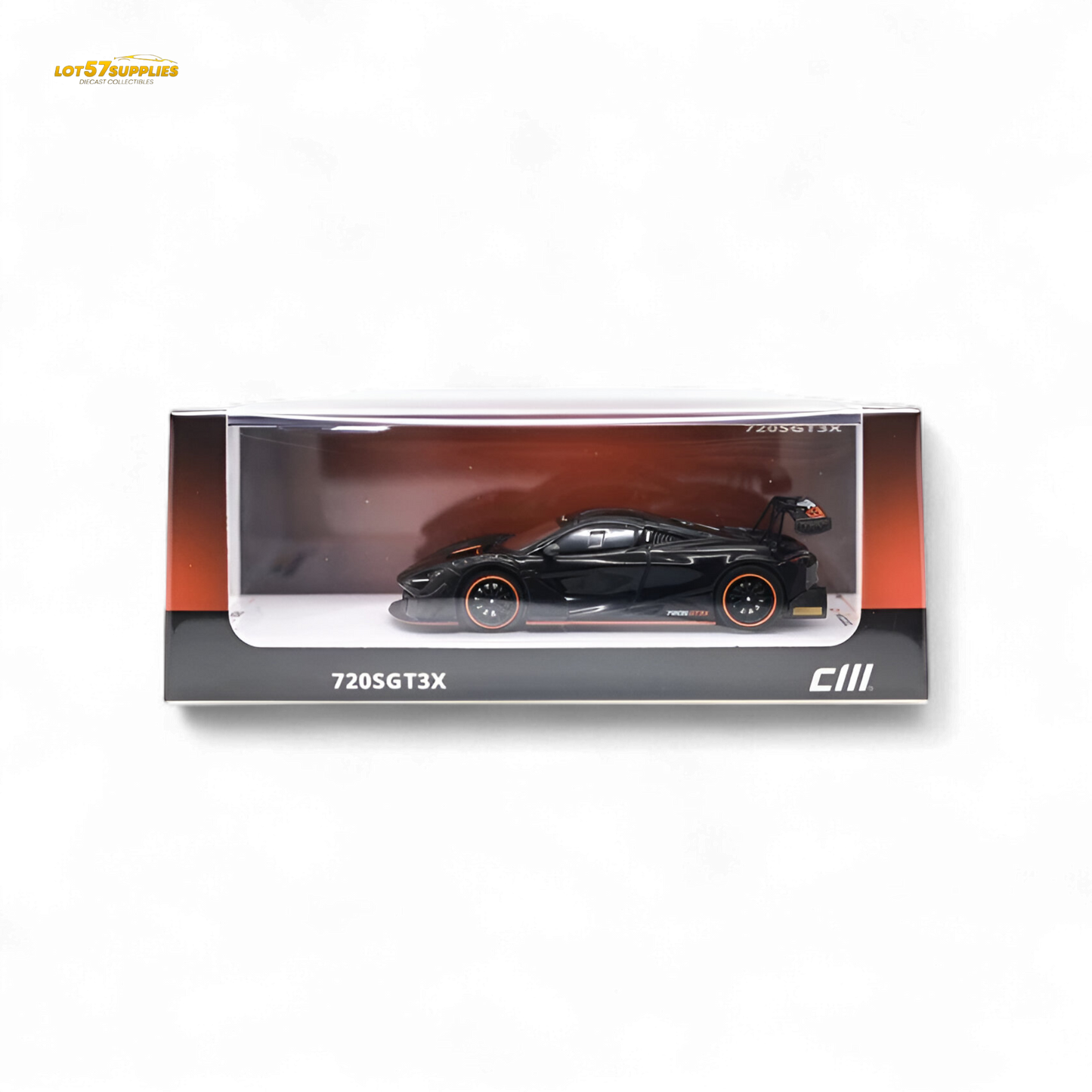 Black Lot57Supplies diecast McLaren 720S GT3X 1:64 scale model car with detailed exterior and racing design.