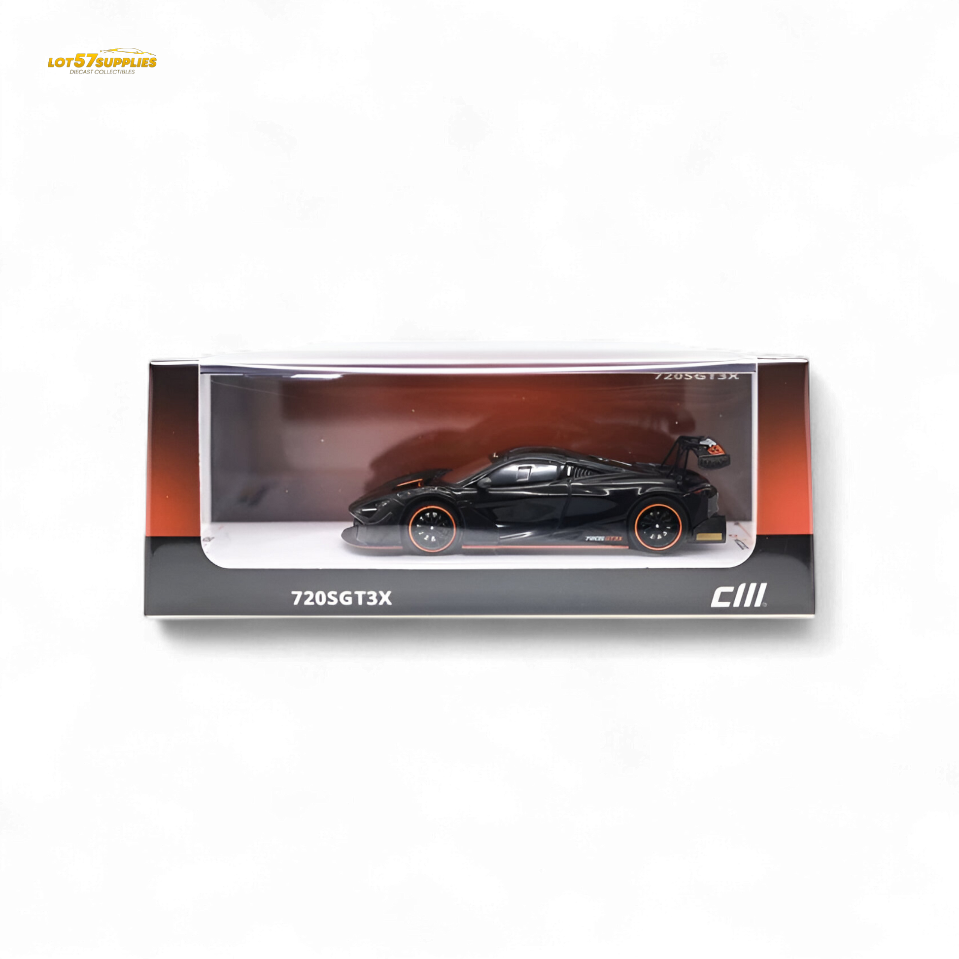 Black Lot57Supplies diecast McLaren 720S GT3X 1:64 scale model car with detailed exterior and racing design.