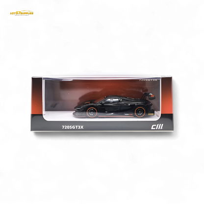 Black Lot57Supplies diecast McLaren 720S GT3X 1:64 scale model car with detailed exterior and racing design.