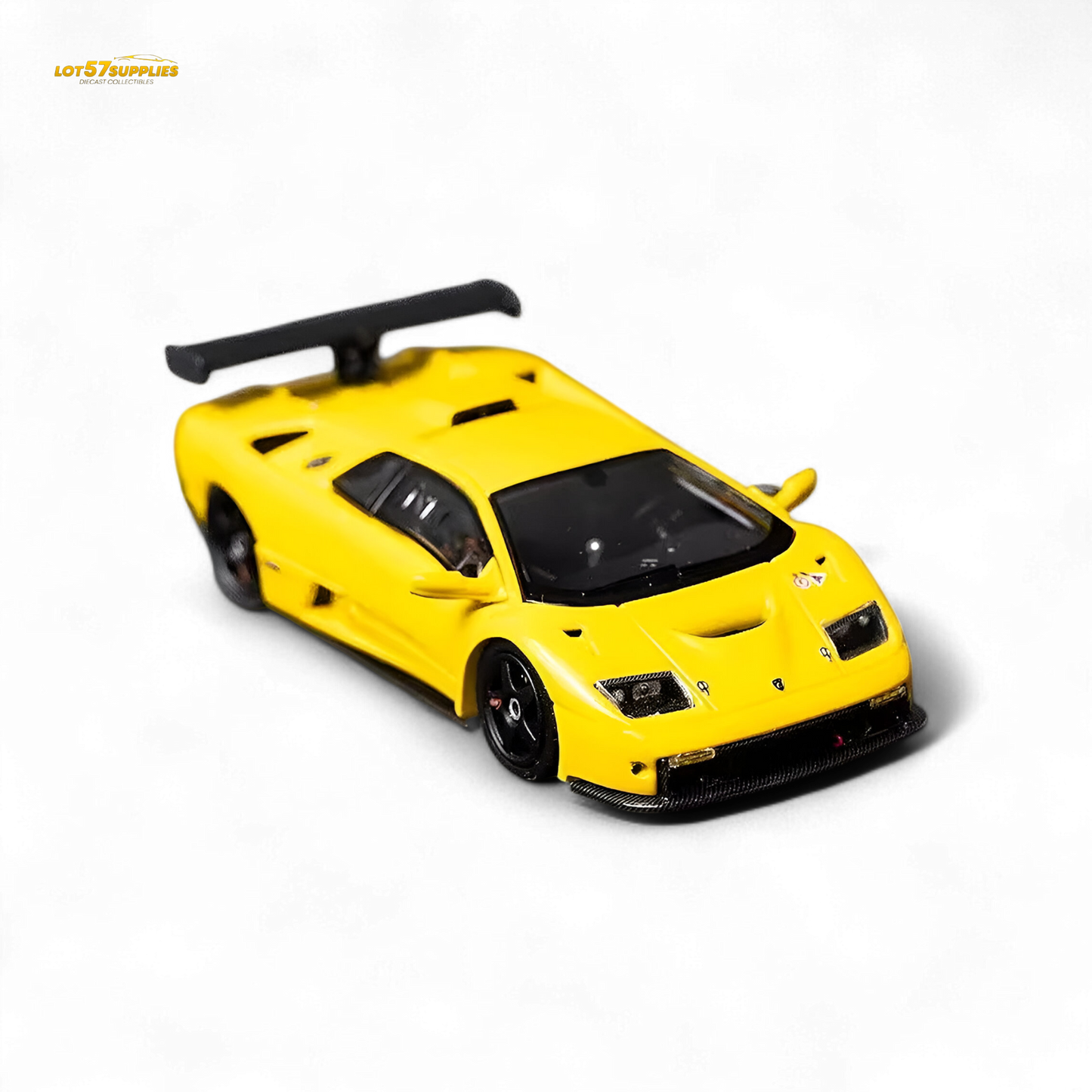 Yellow Lamborghini Diablo GT-R diecast model in 1:64 scale by Lot57Supplies Diecast Shop, detailed view of the miniature car.