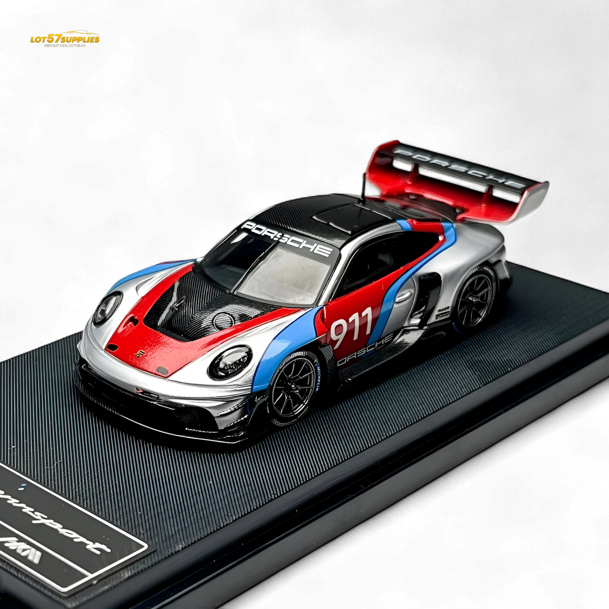 Silver HKM Model Porsche 911 GT3 Rennsport diecast car, 1:64 scale, detailed miniature from Lot57Supplies Diecast Shop.