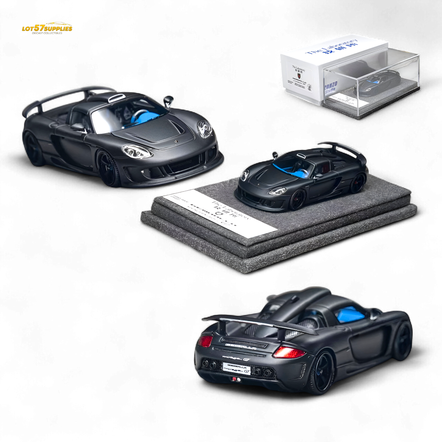 Gemballa Mirage GT 1:64 diecast model in matte black resin, detailed collectible car from Lot57Supplies Diecast Shop.