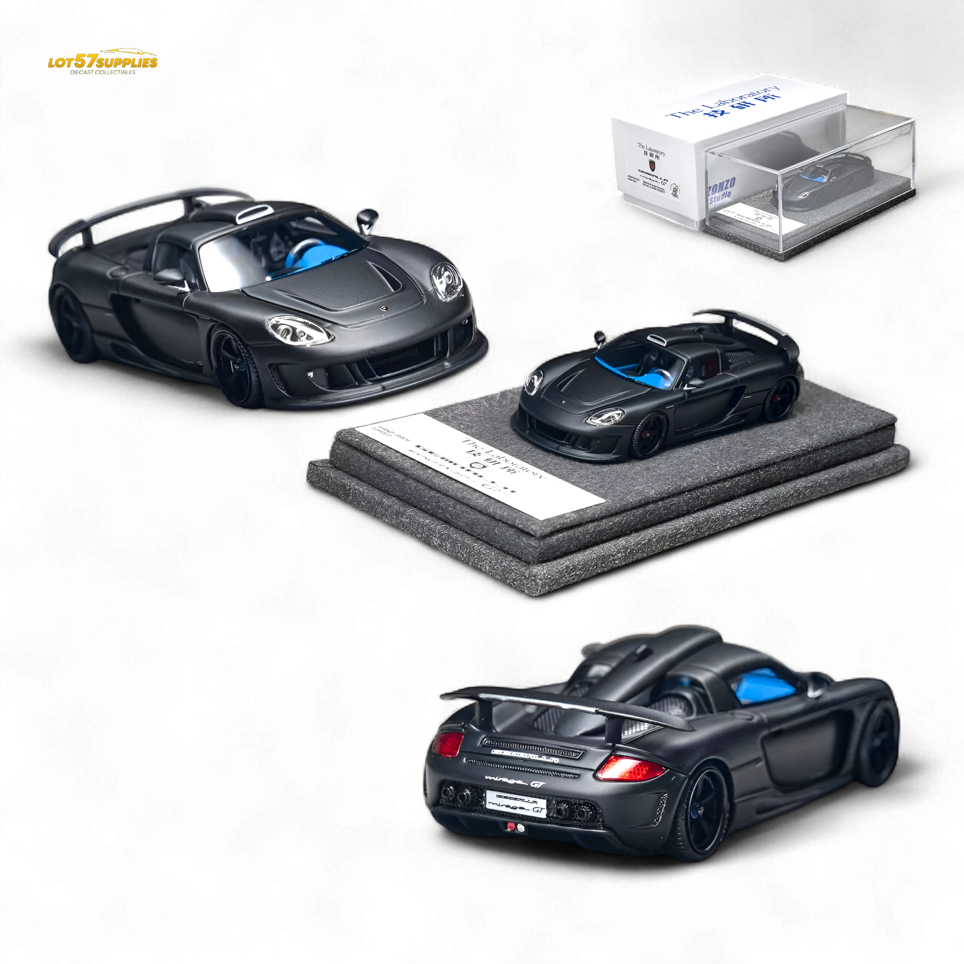 Gemballa Mirage GT 1:64 diecast model in matte black resin, detailed collectible car from Lot57Supplies Diecast Shop.