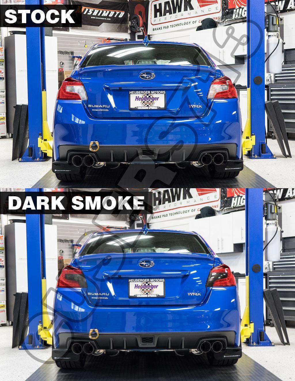 Smoked tail light overlays in dark, light, red, or yellow for 2015-2020 Subaru WRX STI, made by StickerFab.