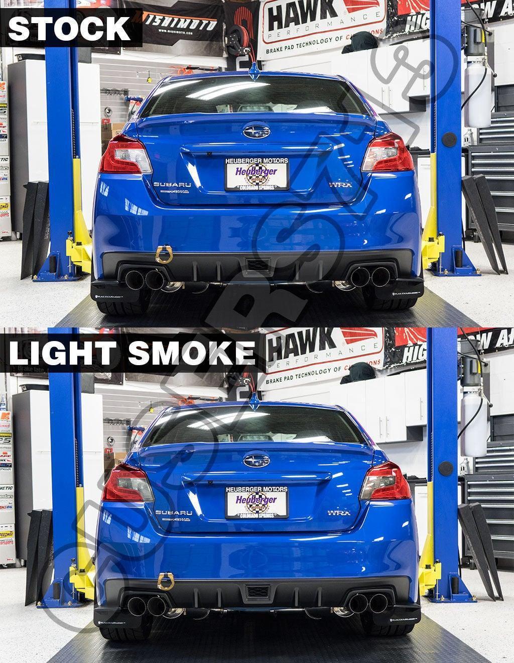 Dark smoked tail light overlays for 2015-2020 Subaru WRX STI, shown on car with red and yellow tint options.