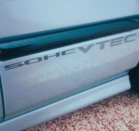 Gray SOHC VTEC JDM style decals for 92-00 Honda Civic, featuring bold lettering and design for automotive customization.