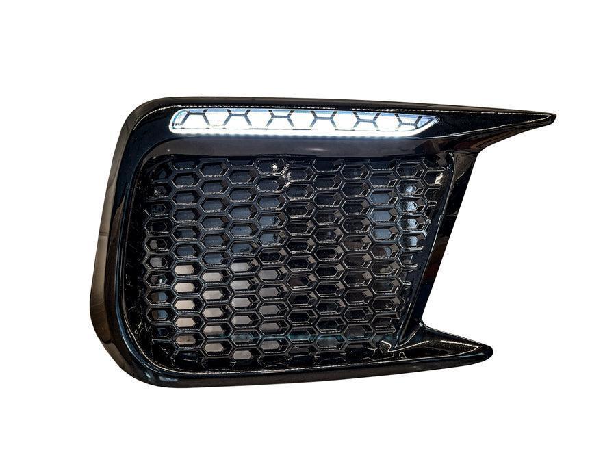 Dark smoke honeycomb JDM DRL bezel overlays for 2018-2021 Subaru WRX and STI fog lights, stylish and durable StickerFab accessory.