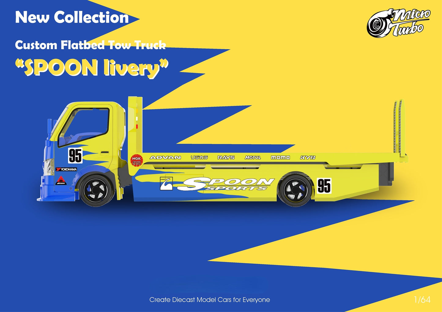 MicroTurbo Hino 300 Custom Flatbed Tow Truck Spoon Livery 1:64 - Evergreen Kings