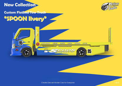 MicroTurbo Hino 300 Custom Flatbed Tow Truck Spoon Livery 1:64 - Evergreen Kings