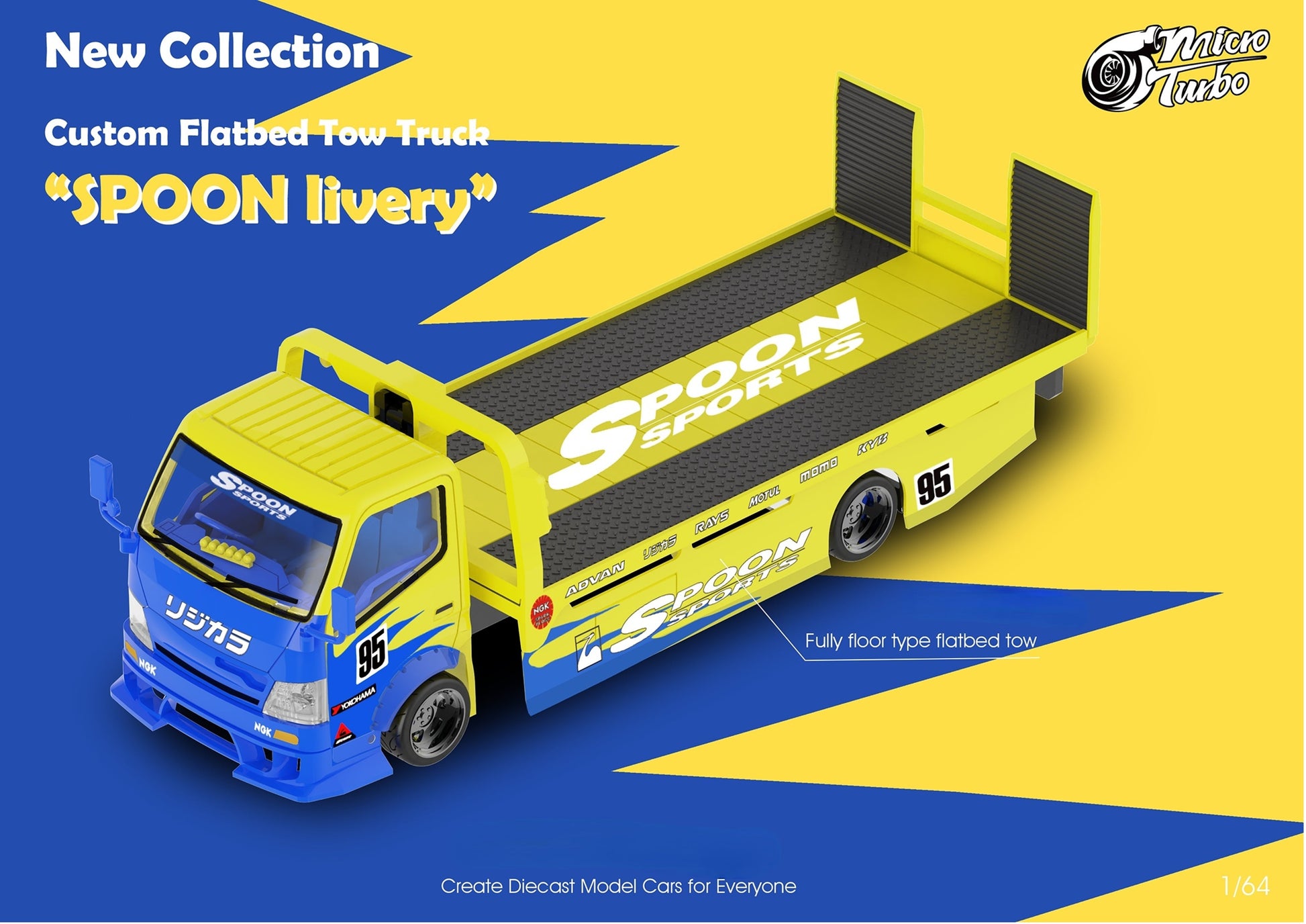 MicroTurbo Hino 300 Custom Flatbed Tow Truck Spoon Livery 1:64 - Evergreen Kings
