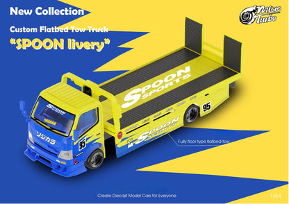 MicroTurbo Hino 300 Custom Flatbed Tow Truck Spoon Livery 1:64 - Evergreen Kings