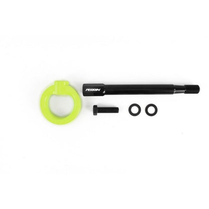 JDMuscle PERRIN front tow hook for 2008–2014 Subaru WRX/STI, neon yellow, shown against a plain background