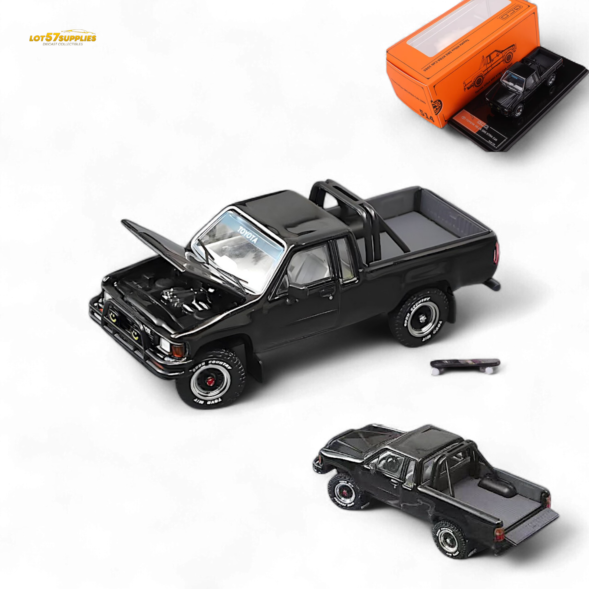 Black Toyota Hilux SR5 diecast model in 1:64 scale by Lot57Supplies Diecast Shop, detailed miniature vehicle.
