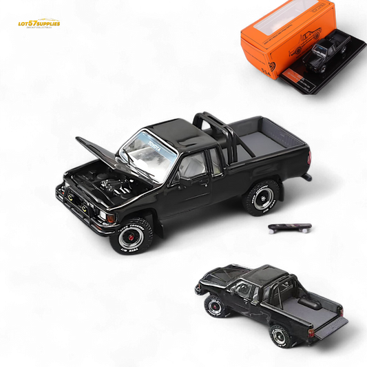 Black Toyota Hilux SR5 diecast model in 1:64 scale by Lot57Supplies Diecast Shop, detailed miniature vehicle.