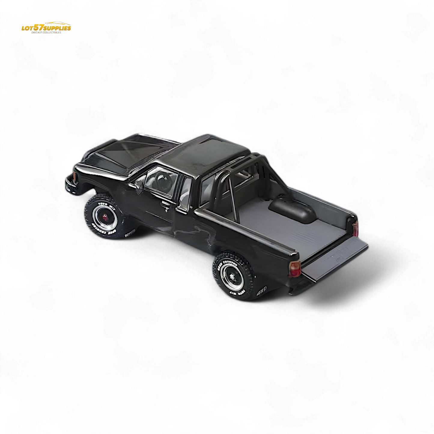 Black Toyota Hilux SR5 diecast model in 1:64 scale by Lot57Supplies Diecast Shop, detailed miniature vehicle with realistic features.