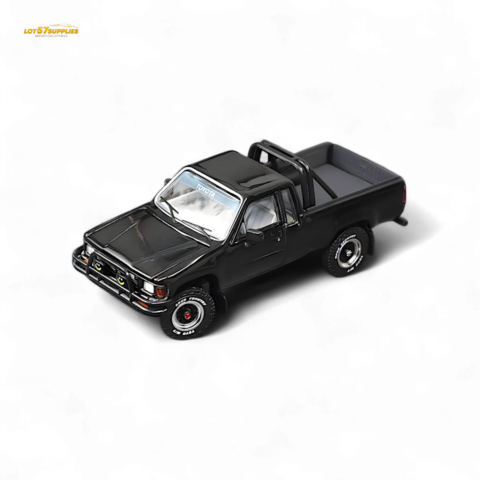 Black Toyota Hilux SR5 diecast model in 1:64 scale by Lot57Supplies Diecast Shop, detailed miniature vehicle, front view.