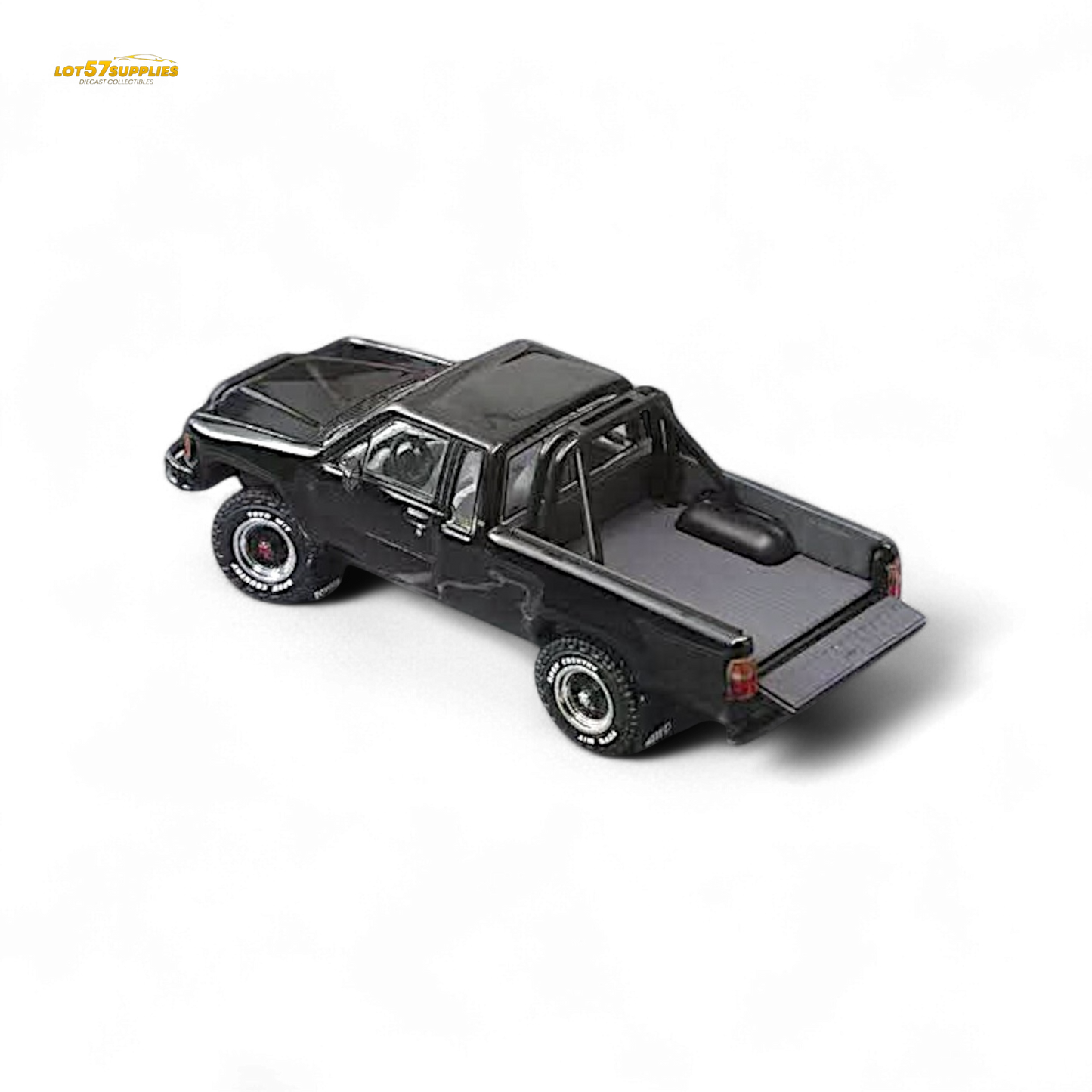 Black Toyota Hilux SR5 diecast model in 1:64 scale by Lot57Supplies Diecast Shop, detailed miniature vehicle for collectors.