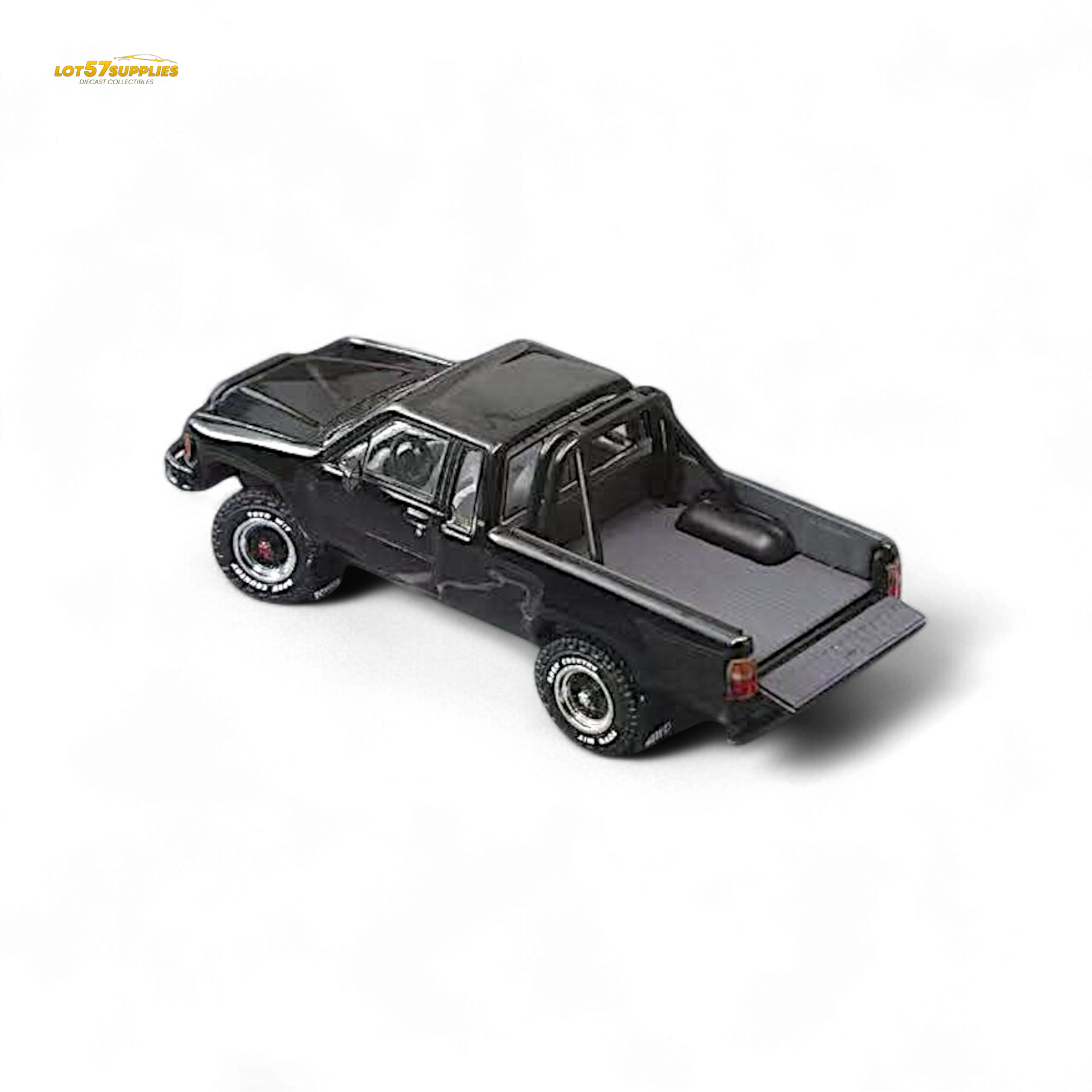 Black Toyota Hilux SR5 diecast model in 1:64 scale by Lot57Supplies Diecast Shop, detailed miniature vehicle for collectors.