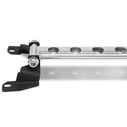 BLOX Racing front and rear strut tower bars with holes for 2015-2021 Subaru WRX suspension upgrade, durable metal construction.