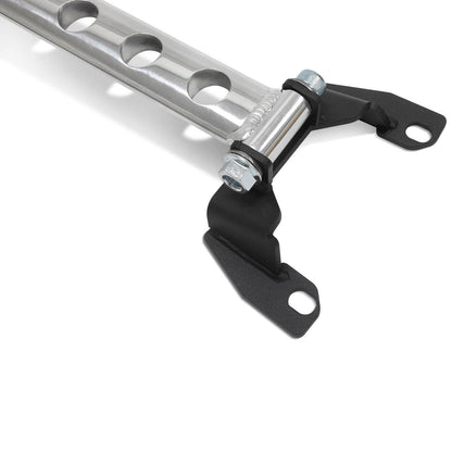 BLOX Racing strut tower bars for 2015-2021 Subaru WRX, front and rear with holes, suspension upgrade for improved stability.
