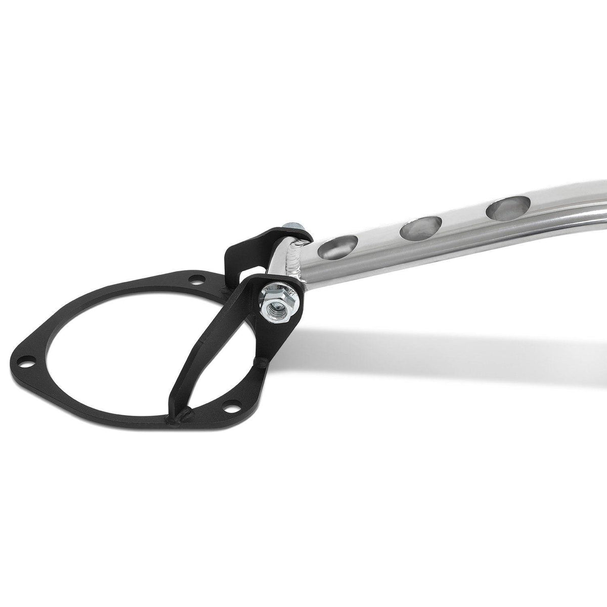 BLOX Racing front and rear strut tower bars with holes for 2015-2021 Subaru WRX, providing suspension reinforcement.