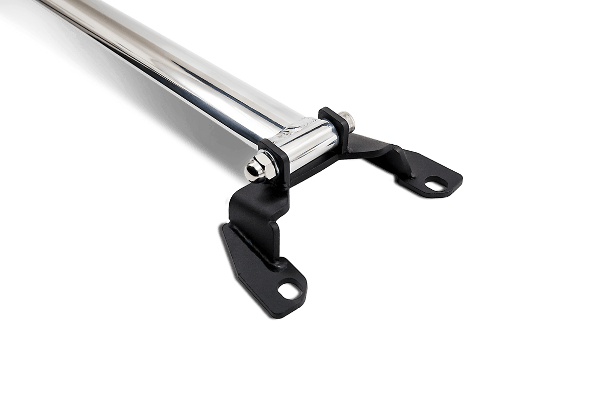 BLOX Racing rear strut tower bar for 2015-2021 Subaru WRX, suspension upgrade, without holes, installed on vehicle's rear.