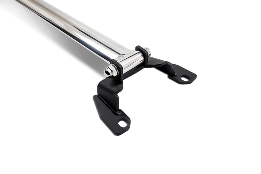BLOX Racing rear strut tower bar for 2015-2021 Subaru WRX, suspension upgrade, without holes, installed on vehicle's rear.
