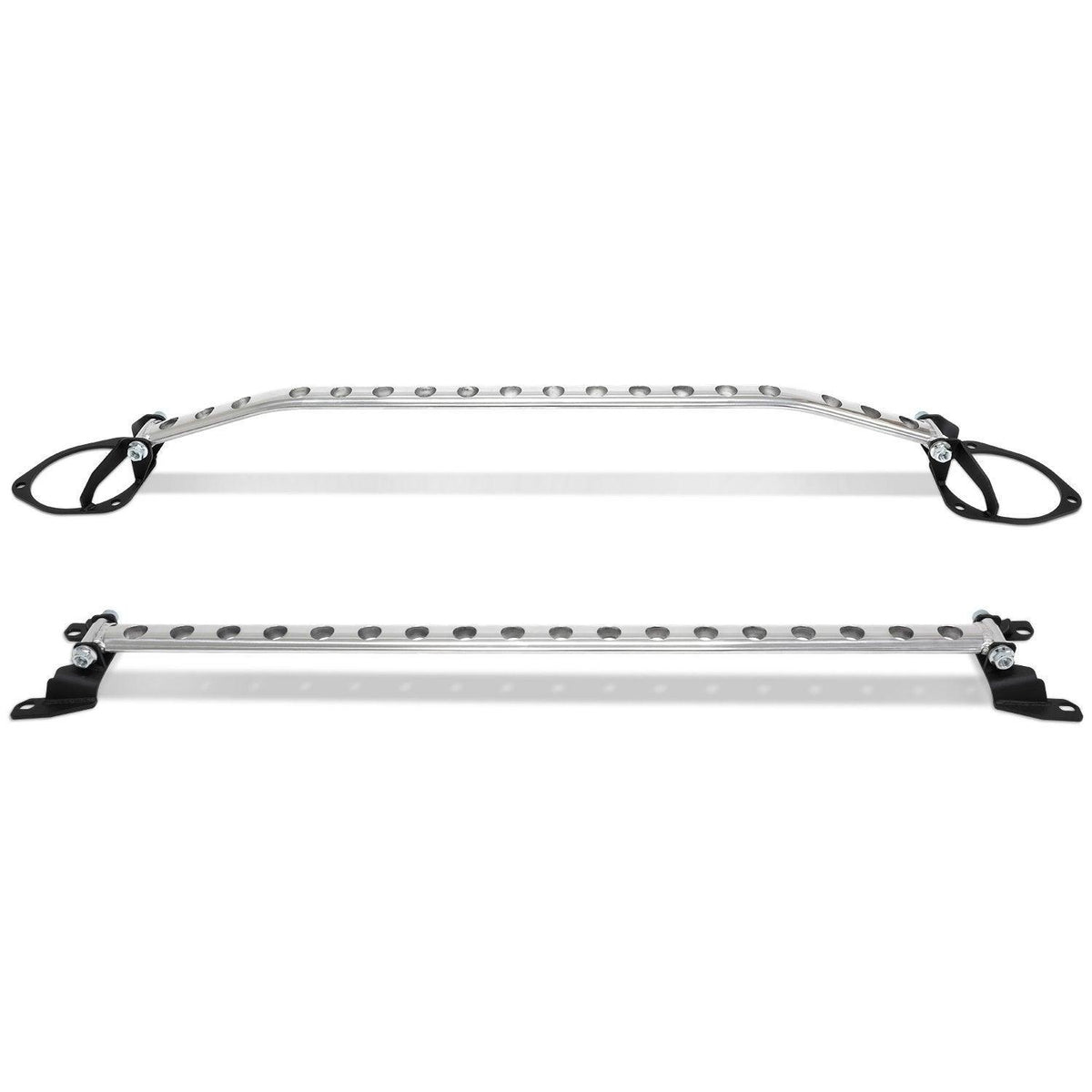BLOX Racing front and rear strut tower bars with holes for 2015-2021 Subaru WRX suspension upgrade