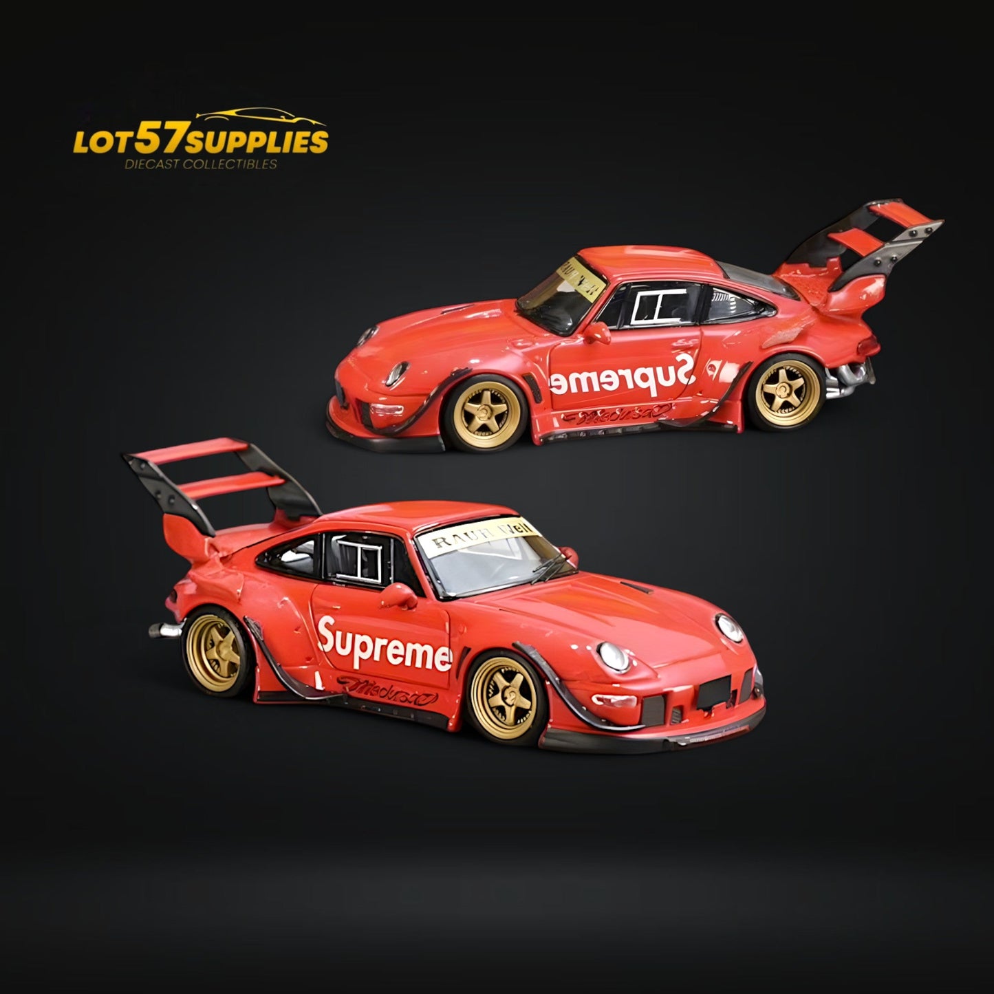 Diecast Porsche RWB 993 High Wing model in 1:64 scale by Lot57Supplies Diecast Shop, shown from a side angle.