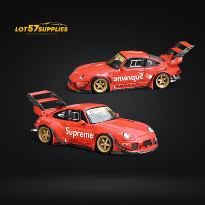Diecast Porsche RWB 993 High Wing model in 1:64 scale by Lot57Supplies Diecast Shop, shown from a side angle.