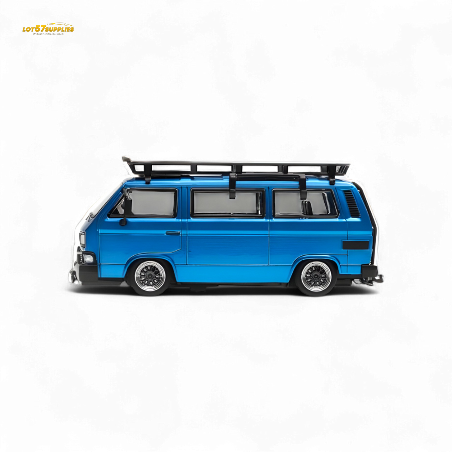 Blue Volkswagen Mortal VW T3 Lowrider diecast model in 1:64 scale by Lot57Supplies Diecast Shop, showing detailed exterior design.