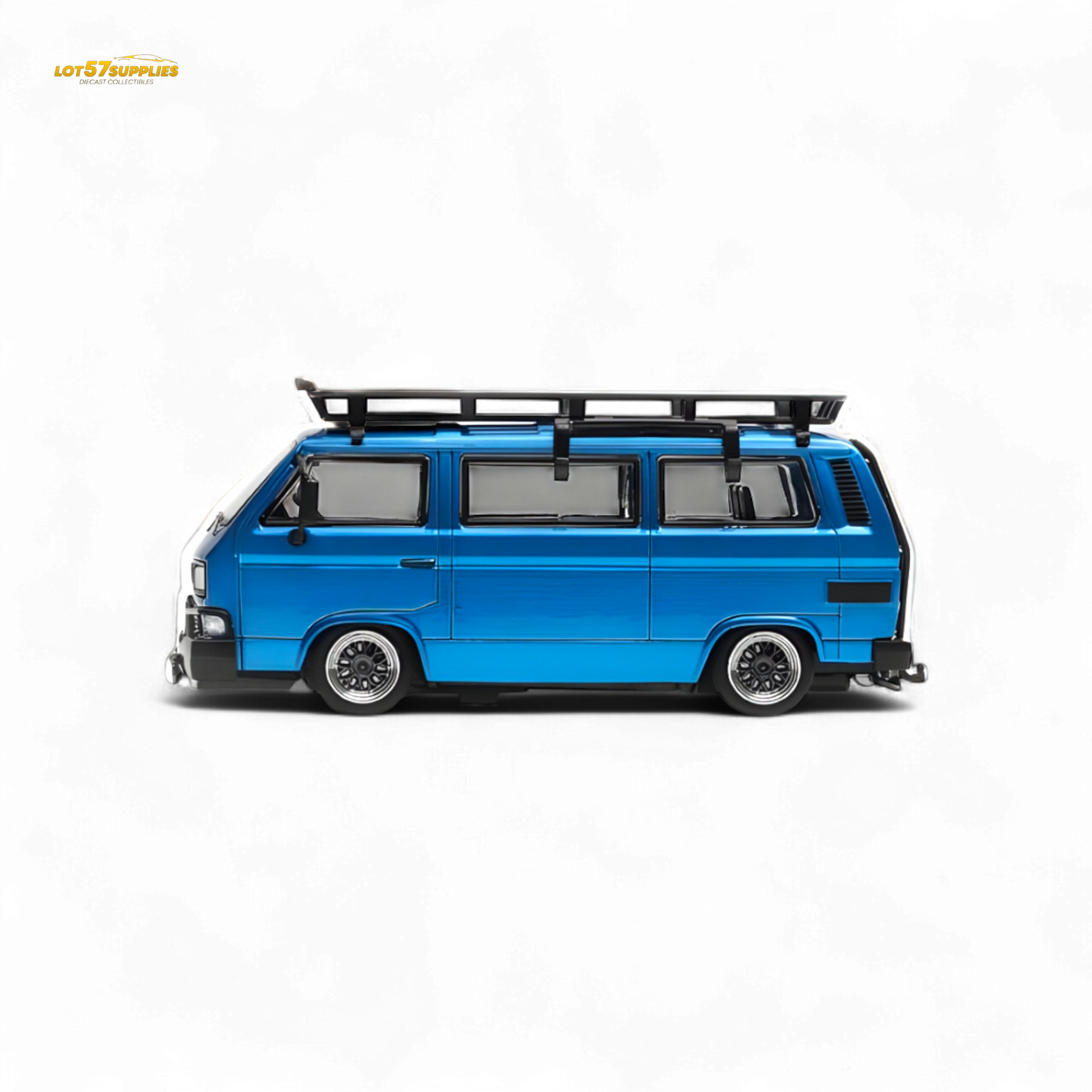Blue Volkswagen Mortal VW T3 Lowrider diecast model in 1:64 scale by Lot57Supplies Diecast Shop, showing detailed exterior design.