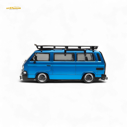 Blue Volkswagen Mortal VW T3 Lowrider diecast model in 1:64 scale by Lot57Supplies Diecast Shop, showing detailed exterior design.
